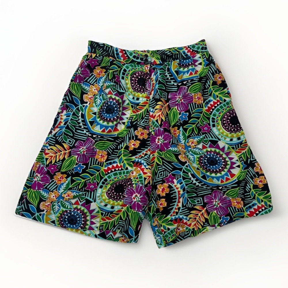 Vintage 90s Casual Corner Shorts 100% Silk High Rise Wide Leg Sz M Geo Floral